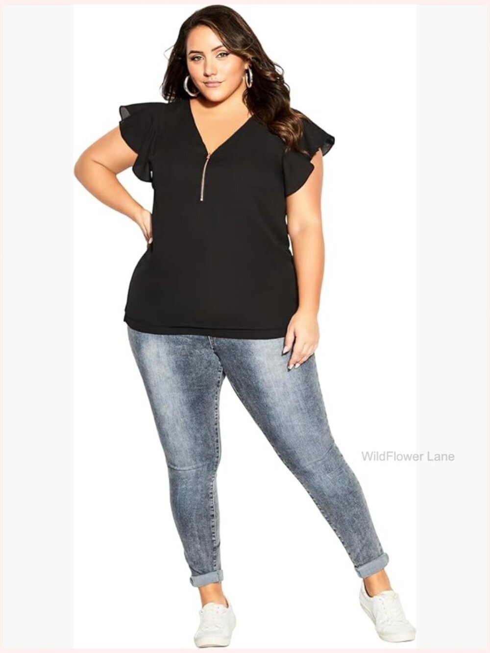 Plus Size Relaxed Fit V-Neck Top with Zip Front